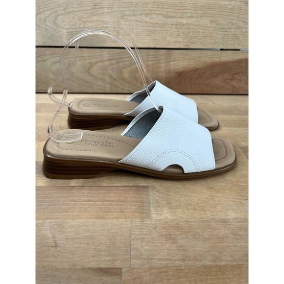 90s Minimalist Square Heel, Nude Pebbled Leather  Block Heel Slides Sandal White - Picture 1 of 8